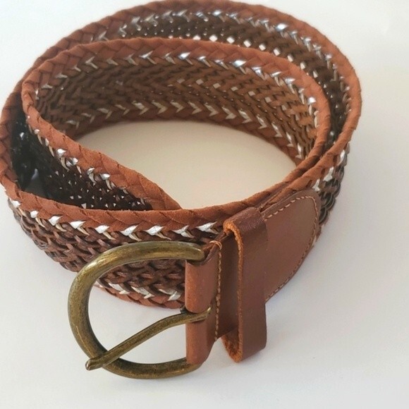 BROWN SILVER WIDE LEATHER BRAIDED WOVEN BELT SIZE MEDIUM BROWN SILVER BRASS - Picture 1 of 5